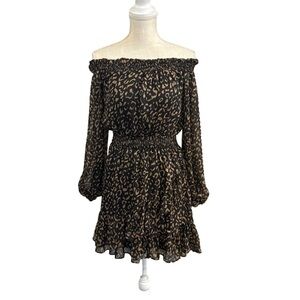 Women's Fate Leopard Midi Off the Shoulder Long Sleeve Dress. Size Medium